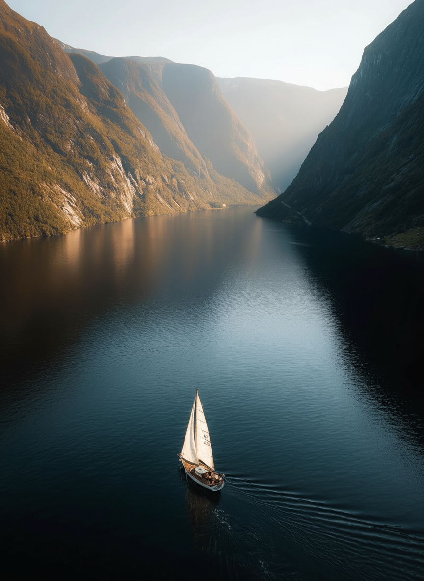 Voilier solitaire dans un fjord au lever du soleil