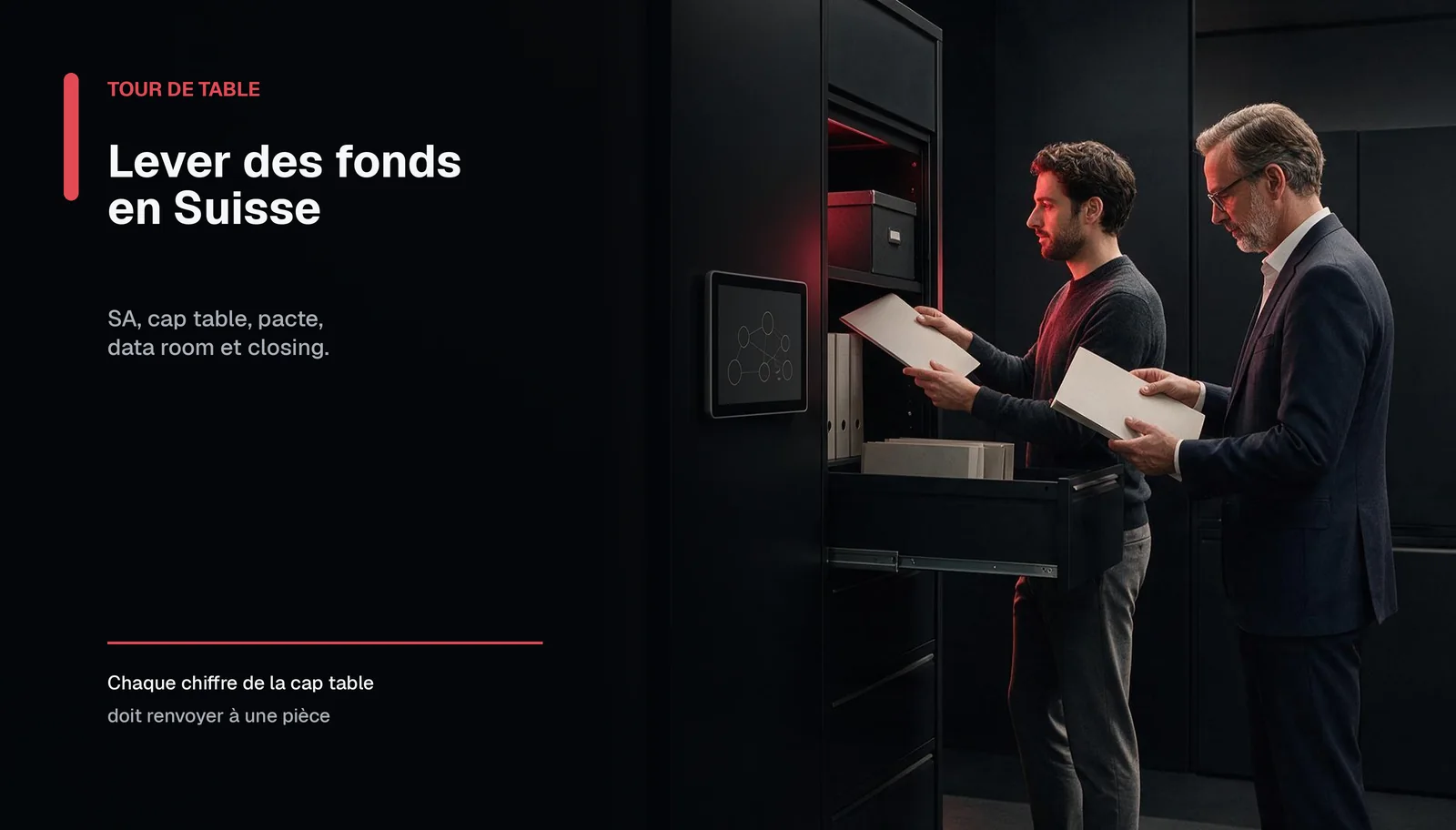 Un fondateur et un conseiller classent des dossiers dans une data room avant une levée de fonds.