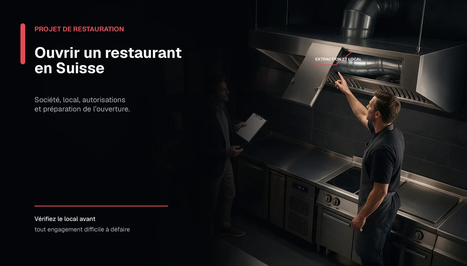 Un entrepreneur et un technicien contrôlent l’extraction et les équipements d’une cuisine avant l’ouverture.