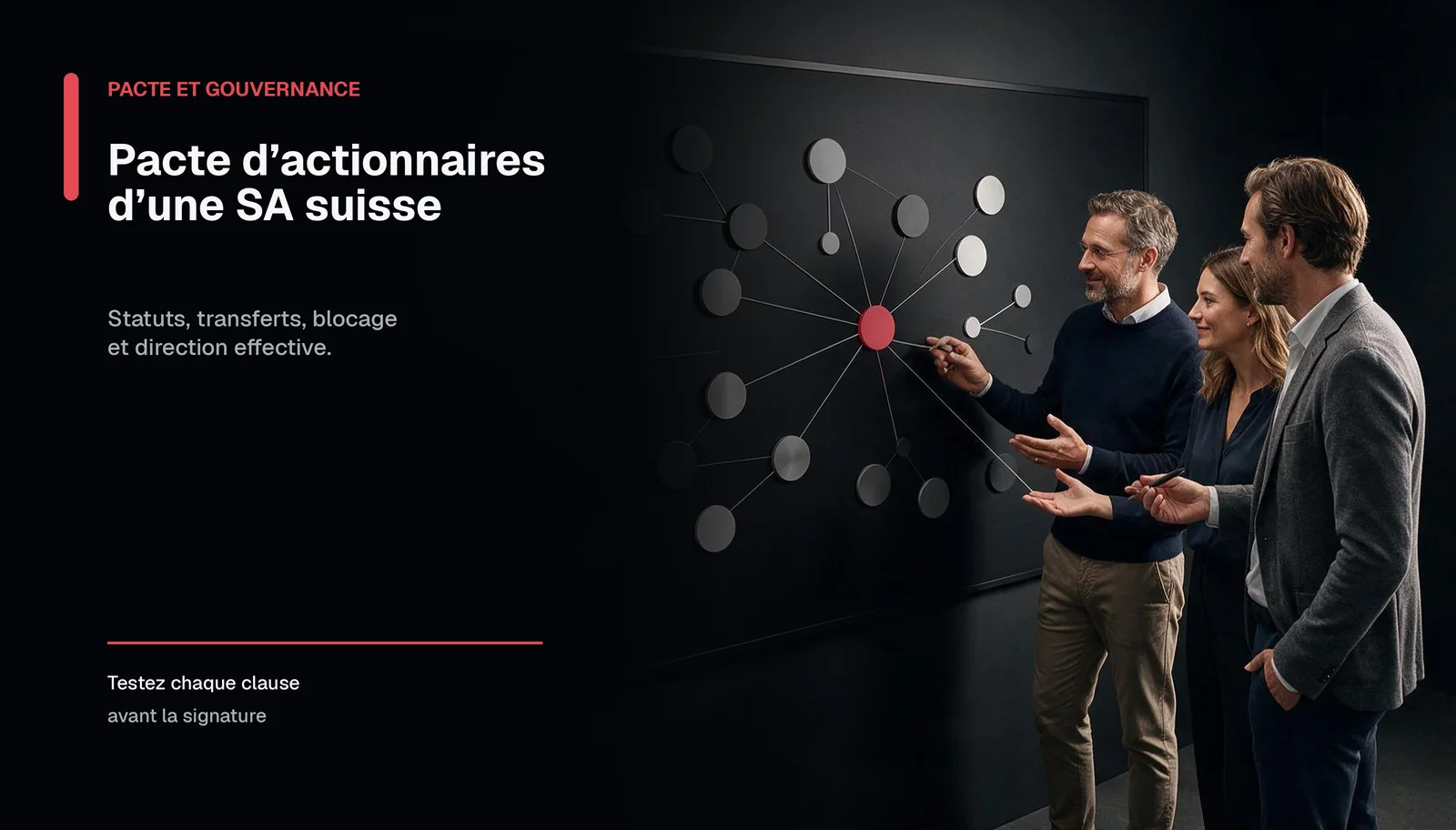 Trois actionnaires cartographient leurs liens de gouvernance sur un tableau avant de négocier leur pacte.