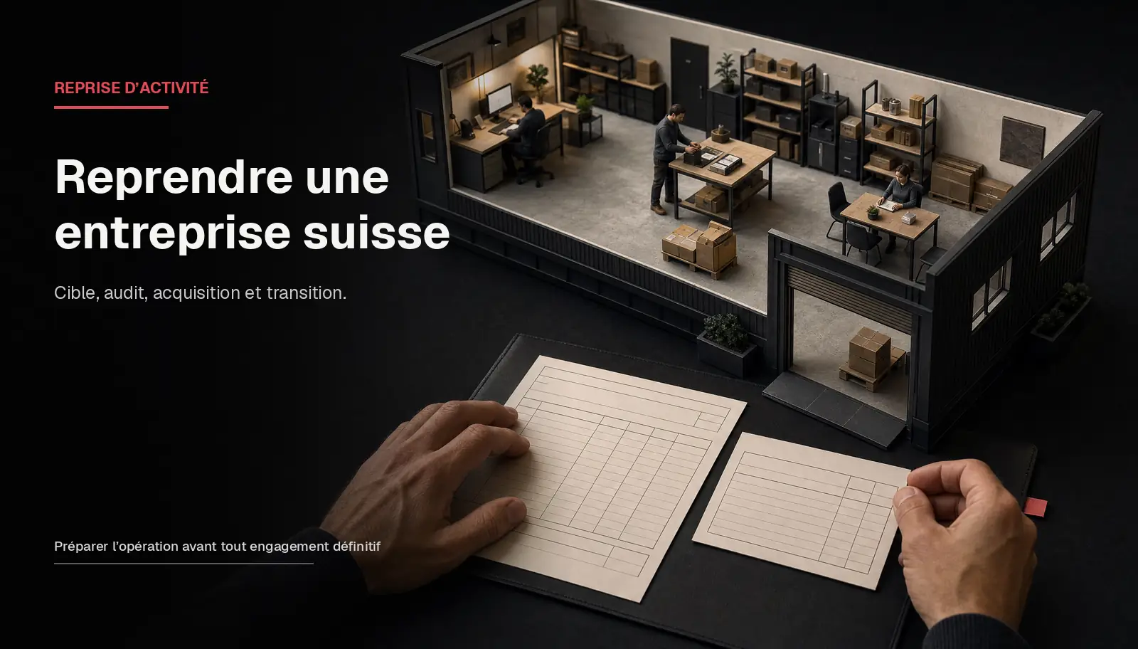 Miniature d’une entreprise en activité observée par un acquéreur qui examine des feuilles d’audit avant la reprise.