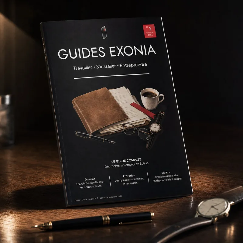Le guide Exonia Décrocher un emploi en Suisse, posé sur un bureau sombre près d’un stylo et d’une montre