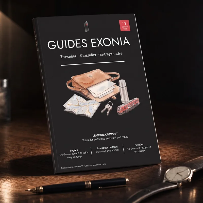 Le guide Exonia Travailler en Suisse en vivant en France, posé sur un bureau sombre près d’un stylo et d’une montre
