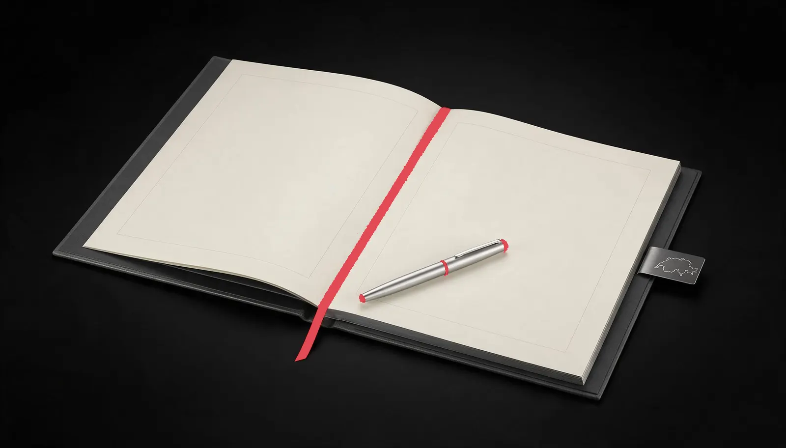 Registre ouvert avec stylo argenté et ruban rouge pour le mandat de directeur résident