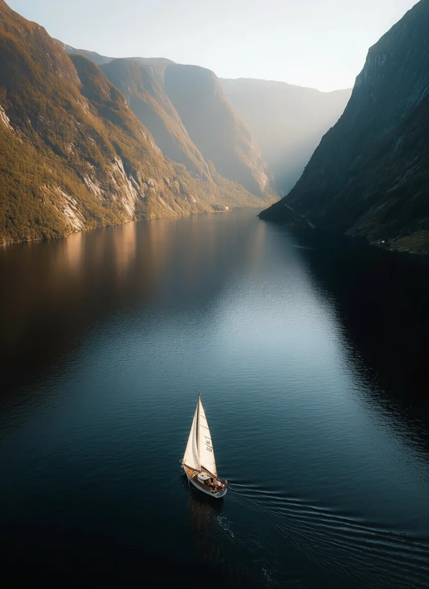 Voilier avançant entre les rives escarpées d’un fjord